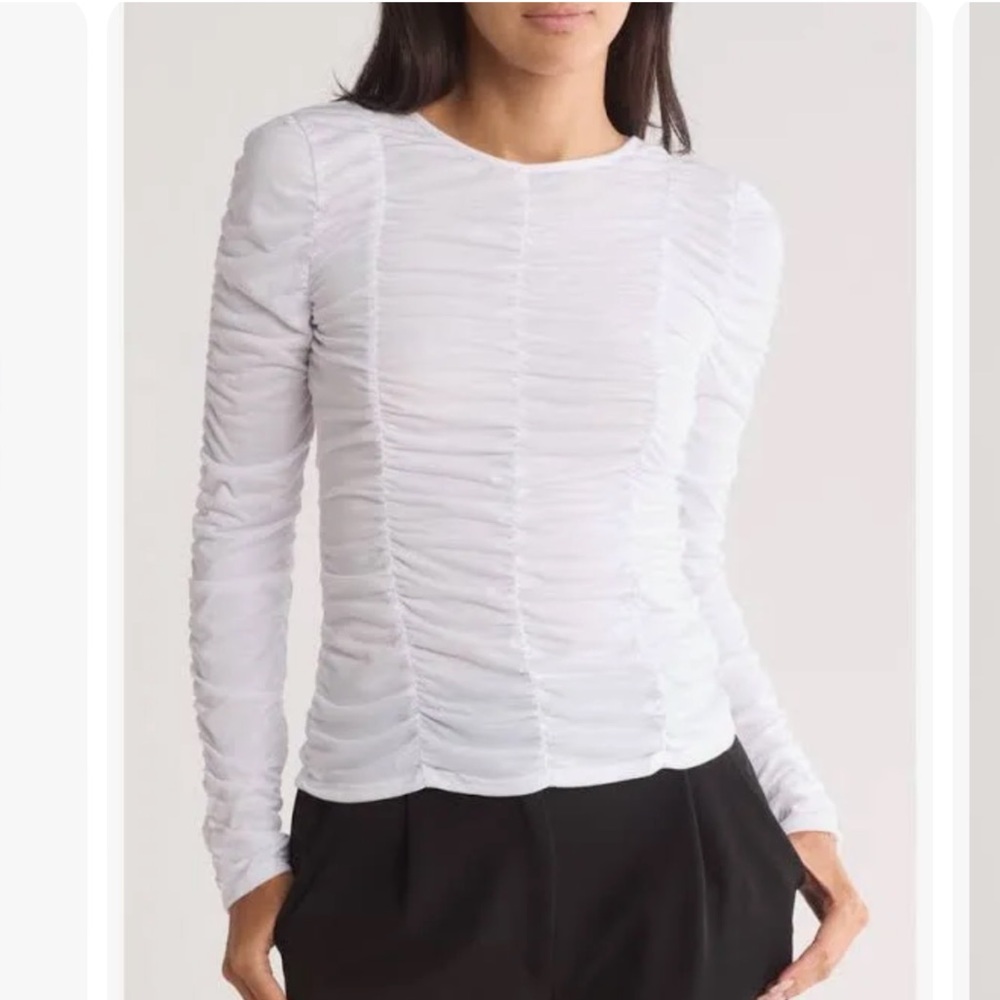 Long Sleeve Shirred White Blouse